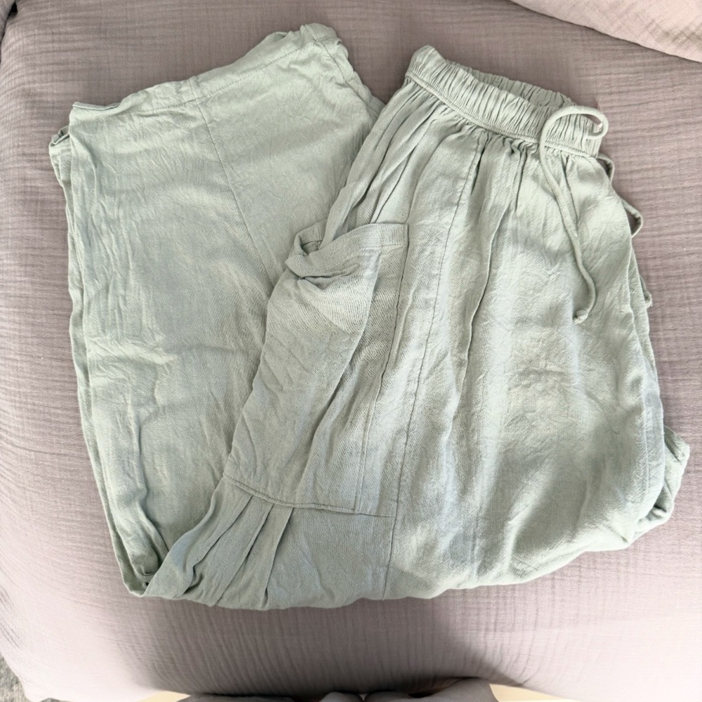 Free People Washed Sage Elastic Waist Linen Pants